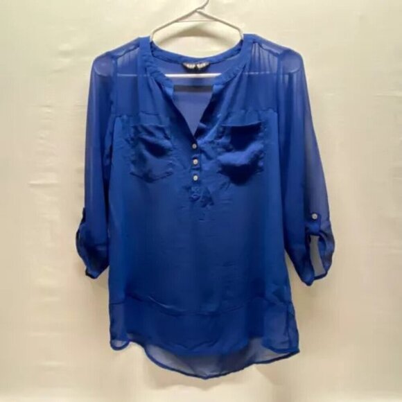 Express Ladies Blouse Small Royal Blue Semi Sheer 3/4 Roll Tab Sleeves V-Neck - Picture 7 of 7